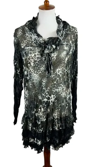 Puli Leopard Print Mesh Tunic Top Ruffle Lace Hem Size Large thumbnail 1