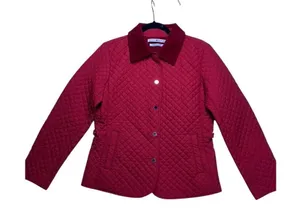 Tommy Hilfiger Quilted Jacket Womens Medium Red Corduroy Trim Barn Coat‎ 4758 thumbnail 1