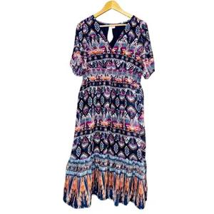 Old Navy A-Line Southwestern Midi Dress Tiered Womens Sz L Bubble Sleeve Smocked thumbnail 3