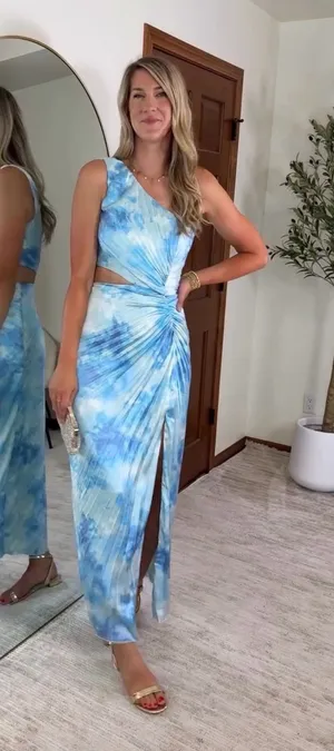 Abercrombie & Fitch Giselle Pleated One-Shoulder Cutout Maxi Dress Blue Medium T thumbnail 1