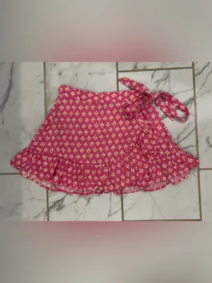 Aerie Pink Linen Blend Wrap Mini Skirt Ruffle Hem Cottagecore Medium thumbnail 7