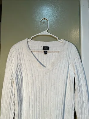 Chaps Women's Size XL V-Neck Sweater Cream White Cableknit 100% Cotton thumbnail 4