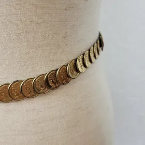 Vintage Gold Tone Embossed Metal Disc Coins Elastic Waist Belt Disco Glam thumbnail 7