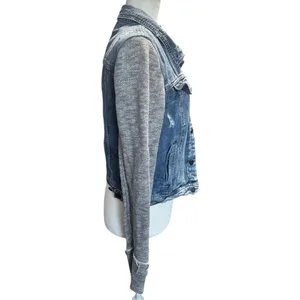 Free People Distressed Denim Jacket Mixed Fabric Knit Sleeve Moto Trucker Size M thumbnail 6