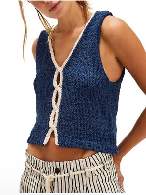 Free People XS Sicily Sweater Shell Navy Nautical Beach Coastal Knit Relaxed thumbnail 7