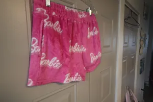 Barbie cursive "barbie" all around sleep shorts plush in hot pink and white size medium. thumbnail 7
