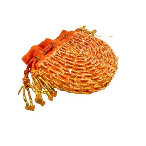 Orange beaded Indian drawstring jewelry/cosmetic pouch - beaded one side - desig thumbnail 5