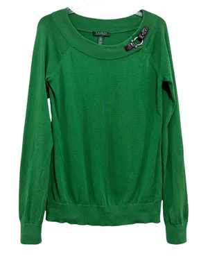 Lauren Ralph Lauren Green Cotton Buckle Detail Scoop Neck Sweater Womens Medium thumbnail 1