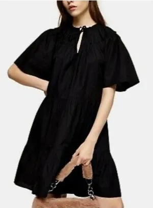 Topshop Smocked Poplin minamilist Mini Dress Tiered Ruffles Black size US 6‎ thumbnail 1