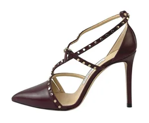Jimmy Choo Tiff Burgundy Leather Studded Ankle Strap Stiletto Heels Sandals 5 thumbnail 1