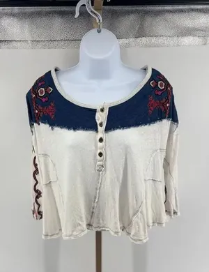 Free People We The Free Rio Henley Small Cream Navy Embroidered Indie Boho thumbnail 1