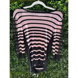 ByBy Women XL Pink Black Striped Lace Sleeve Knit Sweater Boat‎ Neck Pullover thumbnail 3