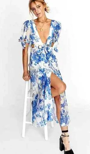Alice McCALL Only Everything Midi Dress 4 Floral Plunge Neck Grommet Silk Blend thumbnail 1