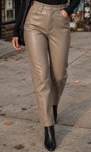 Abercrombie Curve Love Vegan Leather 90s Straight Pants Tan 27 Long High Rise 4‎ thumbnail 1