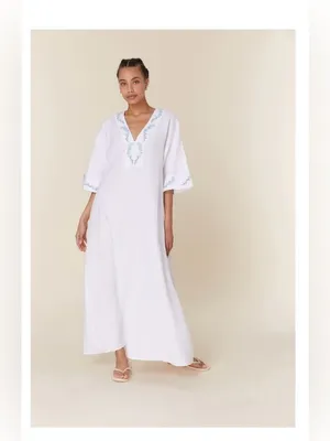 Andie x Fanm Mon Kepez Maxi LINEN Kaftan Dress Blue Floral Embroidery NWT MED thumbnail 12