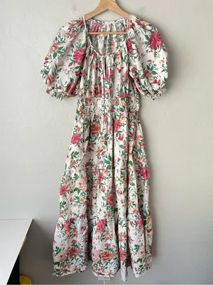 Anthropologie Floral Peony Puff Sleeve Cottagecore Fairy Dress White Pink XS thumbnail 3