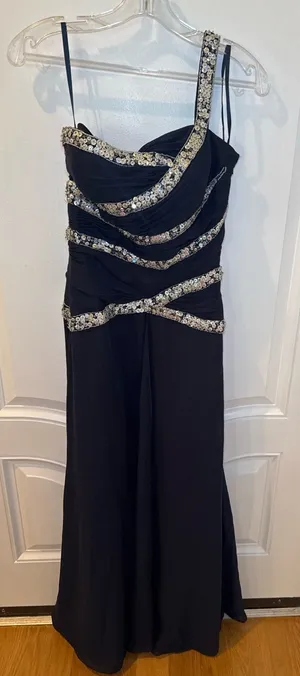 Navy Blue One Shoulder Sequin Beaded Formal Maxi Dress Evening Gown thumbnail 1