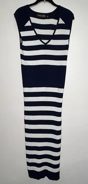 Gabrielle Union New York & Company Navy White Striped Knit Midi Dress XL thumbnail 1