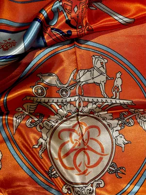 Vintage Equestrian HORSE&CARRIAGE print orange/blue oversized silky Scarf 35/35 thumbnail 14