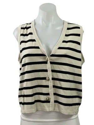 Illusory Women's Cream Black Striped Sleeveless Button Up Crop Cardigan Size L thumbnail 1
