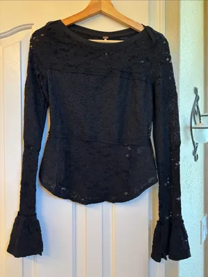 Free People Black Lace Top With Flared Sleeves thumbnail 1