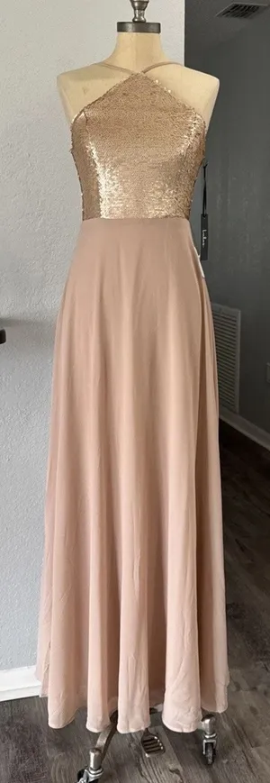 Lulus Maxi Dress XS Blush Tan Halter Sequined Top Chiffon Gown Party Bridesmaid thumbnail 1