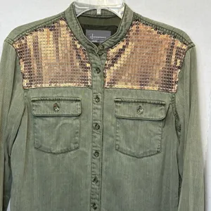 Anthropologie Army Green Cotton Blend Shirt Jacket w/ Copper Sequins Size 2 thumbnail 2