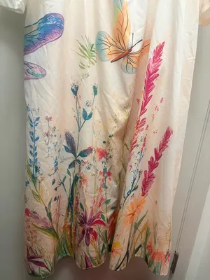 Women’s Cream Floral nightgown with Colorful Botanical Print 3/4 sleeves thumbnail 3