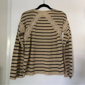Free People Striped Cotton Crochet Lace Trim Long Sleeve Top Womens Small Boho thumbnail 5