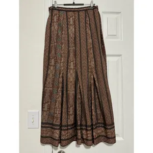 Peruvian Connection Brown Pima Cotton Tribal Print Pleated Maxi Skirt Size 6 thumbnail 3