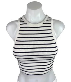 Zara White Black Striped Ribbed Knit Sleeveless High Neck Tank Crop Top Size S thumbnail 1