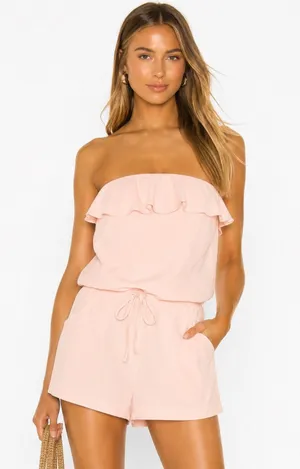 Amanda Uprichard Silk Strapless Ruffle Drawstring Romper Blush Pink Size L thumbnail 1