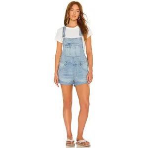 Free People We The Free Blue Cotton Baggy Cuffed Shortall Overall Denim Shorts thumbnail 3