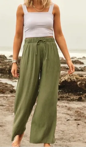 Abercrombie & fitch crinkle‎ textured gauze olive green pull on wide leg pants L thumbnail 1