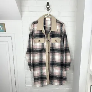 Melloday Pink Brown Plaid Long Line Button Front Shacket Size XL thumbnail 3
