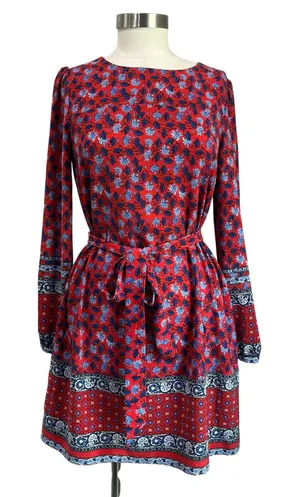 LOFT‎ Border Floral Red Long Sleeve Boho Tie Waist Dress Size XS thumbnail 1