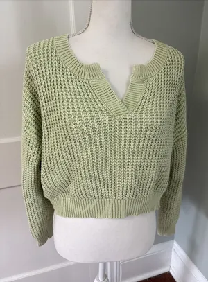 Haute Hippie Green Chunky Knit V-Neck Ribbed Pullover Sweater Size Large thumbnail 1