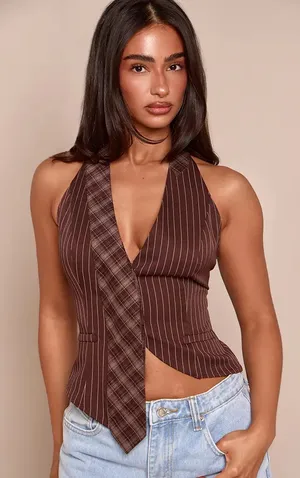 Pretty Little Thing Striped and Plaid Halter Tie Top thumbnail 1