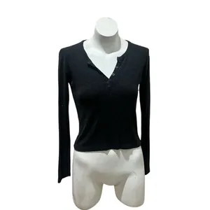Brandy Melville Women's Black Henley Long Sleeve Button-Up Top M thumbnail 4
