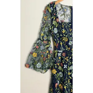 Floral Embroidered Mesh Midi Dress Sz 6 Bell Sleeve Cottagecore Navy thumbnail 5