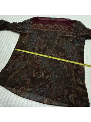 Lauren Ralph Lauren Burgundy Paisley Floral Sheer Blouse Top XL Extra Large thumbnail 8