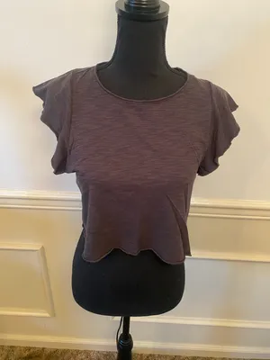 Altar'd State Cropped Short Sleeve Tee Lettuce Edge Flutter Sleeves Raw Hemline thumbnail 1