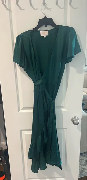 Audrey Emerald Satin Wrap Midi Dress with Ruffle Hem thumbnail 2