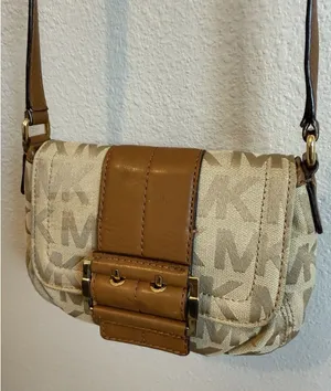 Michael Kors Small Signature Series Crossbody Tan Logo‎ Canvas Brown Leather thumbnail 1