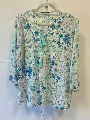 Tahari Cottagecore Floral Paisley Lace Up Tassel Blouse Blue Teal White Boho thumbnail 1