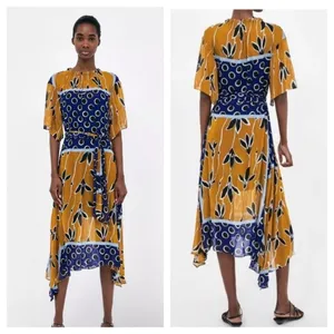 ZARA Navy Mustard White‎ Floral Sheer Tie Waist Midi Dress Sz XS thumbnail 2