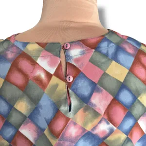 Vintage Blouse Harlequin Checkered Print Padded Shoulders Pastel Color‎ Diamond thumbnail 5