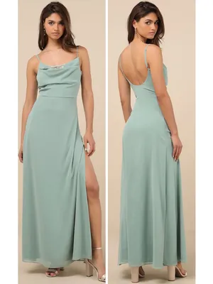 Lulus Eliora Sage Green Lace Cowl Neck Chiffon Maxi Dress Size Small NWT Formal thumbnail 2
