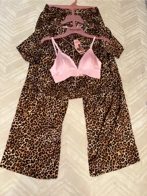 New! Women Juicy Couture Leopard Print Pajama Set with Pink Bralette. Small thumbnail 2