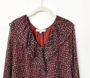 [LOFT] Red Black Floral Print Ruffle Neck Long Sleeve V-Neck Blouse Size Large L thumbnail 3